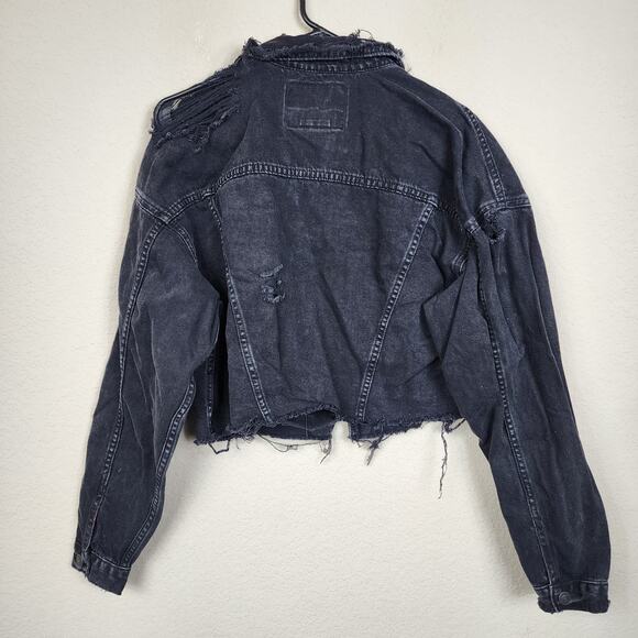 American Eagle XS Black Distressed Denim Cropped Jacket - Picture 6 of 7